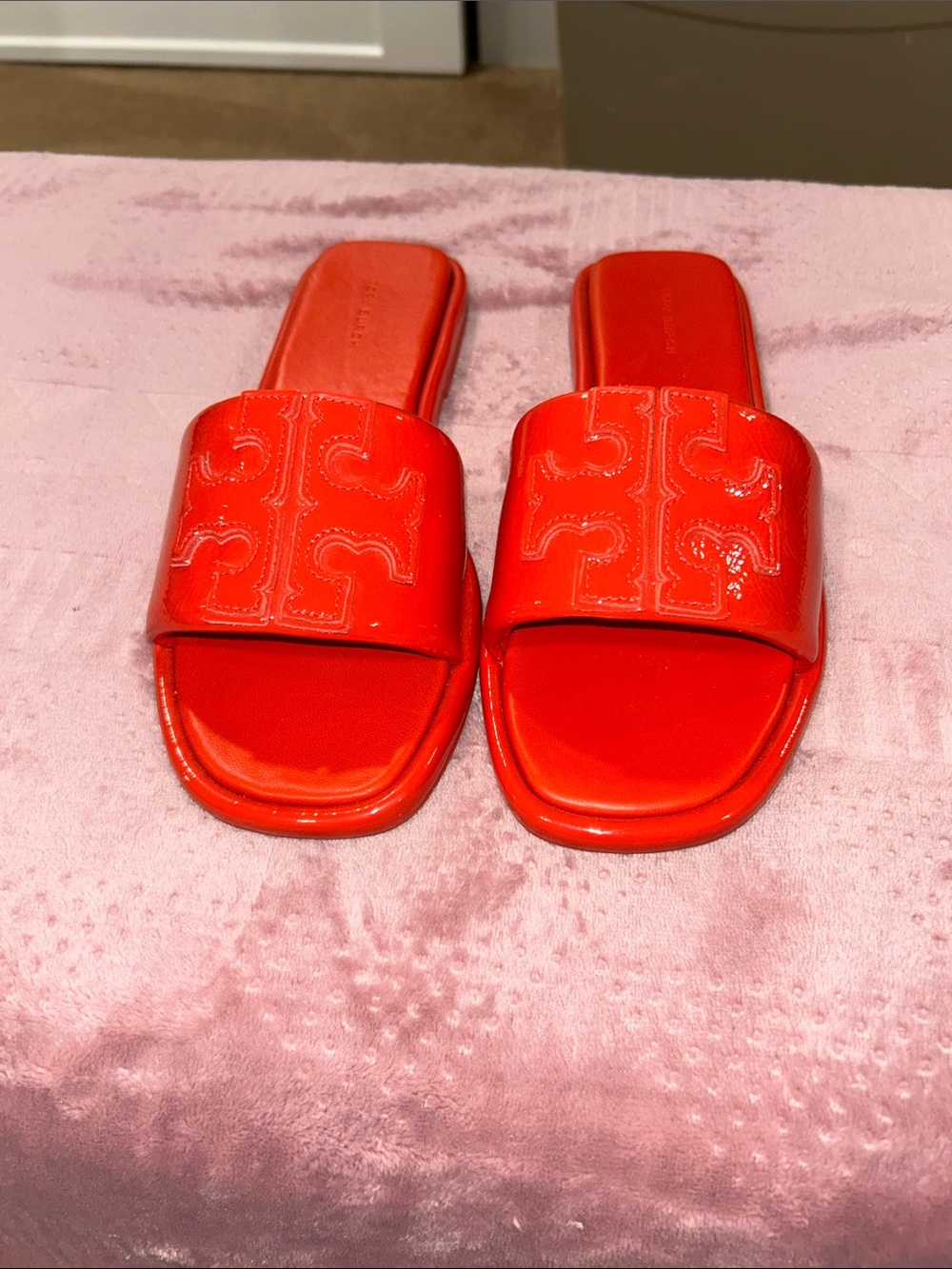 Tory Burch Bright Red Patent Slide Sandals with Logo Band